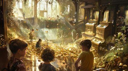 A group of children in a whimsical bank where gold nuggets grow like plants, with the kids deciding how to invest their living currency