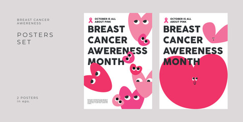 Grainy Gradient Pink Posters Set The Breast Cancer Awareness Month Woman Girl October in Pink Line Illustrations 