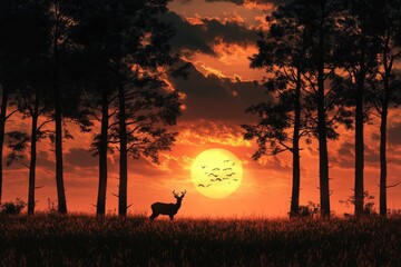 a landscape with trees and a deer sunset photorealistic .geneative ai