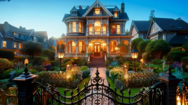 Real estate classic victorian home exterior with an ornate garden and iron gate