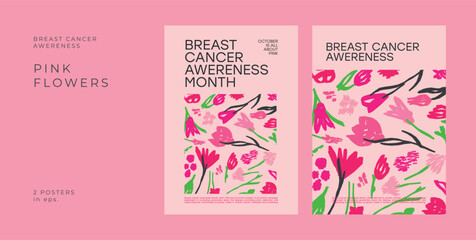 Grainy Gradient Pink Posters Set The Breast Cancer Awareness Month Woman Girl October in Pink Line Illustrations 