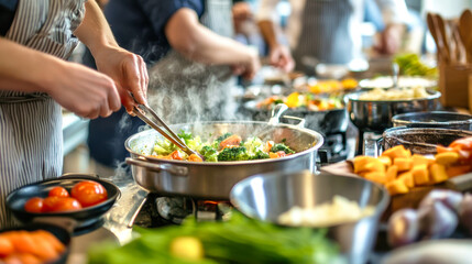Obraz premium In a bustling kitchen class, participants of all ages immerse themselves in the art of cooking, sharing laughter while crafting vibrant, flavorful dishes
