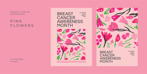 Grainy Gradient Pink Posters Set The Breast Cancer Awareness Month Woman Girl October in Pink Line Illustrations 