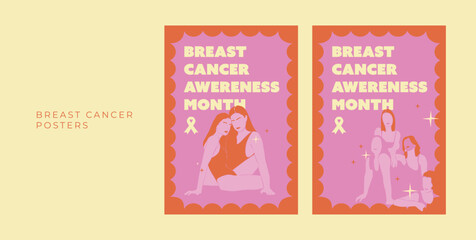 Grainy Gradient Pink Posters Set The Breast Cancer Awareness Month Woman Girl October in Pink Line Illustrations 
