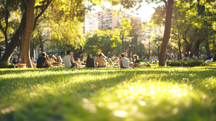 Enjoying a sunny day in a bustling city park with picnics, games, and social gatherings for all ages