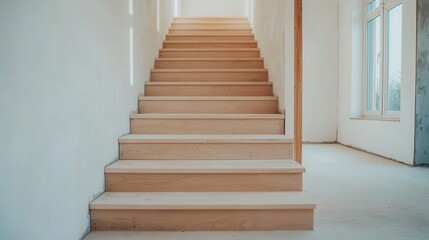 Obraz premium Builders installing a staircase in an under-construction house, House Under Construction, Staircase installation