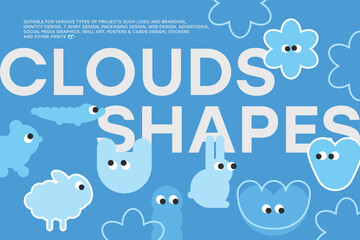 Cloud Minimal Shapes and Animals Compositions Stickers Emotions Blue Emoji with Eyes for Logo Identity Branding Typography Posters Cards and other prints and Web Design 