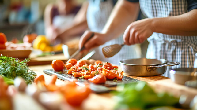 Participants of all ages dive into new recipes and enjoy the culinary arts in a bright kitchen, fostering creativity and joy through hands-on cooking