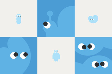 Cloud Minimal Shapes and Animals Compositions Stickers Emotions Blue Emoji with Eyes for Logo Identity Branding Typography Posters Cards and other prints and Web Design 