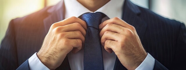 Close-up of a businessperson adjusting their tie, hands fixing the knot, soft natural light from a nearby window