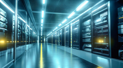 Fototapeta premium Inside a high-tech data center, rows of sleek servers light up the room, humming softly as they handle vast amounts of data with precision and efficiency