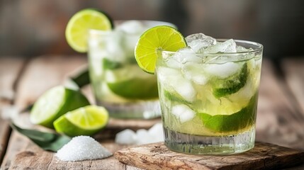 Fototapeta premium Refreshing summer cocktail with lime slices and crushed ice in a glass on a rustic wooden table. Perfect for hot days and casual gatherings.