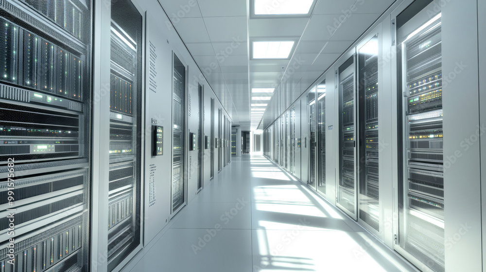 Poster enter a vibrant data center bustling with activity where rows of sleek servers work tirelessly, illu