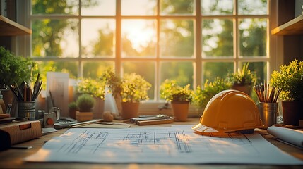 A creative architect's desk with blueprints, drafting tools, and a hard hat symbolizing the early stages of a project. The scene is illuminated by warm, natural light,