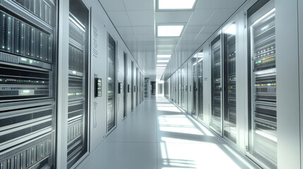 Fototapeta premium Enter a vibrant data center bustling with activity where rows of sleek servers work tirelessly, illuminated by bright, natural light filtering through