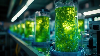 Rows of bioreactors filled with glowing green liquid in a lab setting, illustrating scientific experimentation and biotechnology.