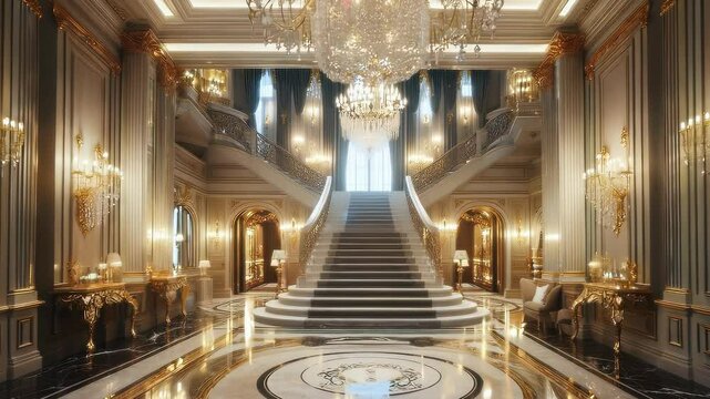 Luxurious mansion with a grand entrance and a sleek marble staircase under golden chandeliers