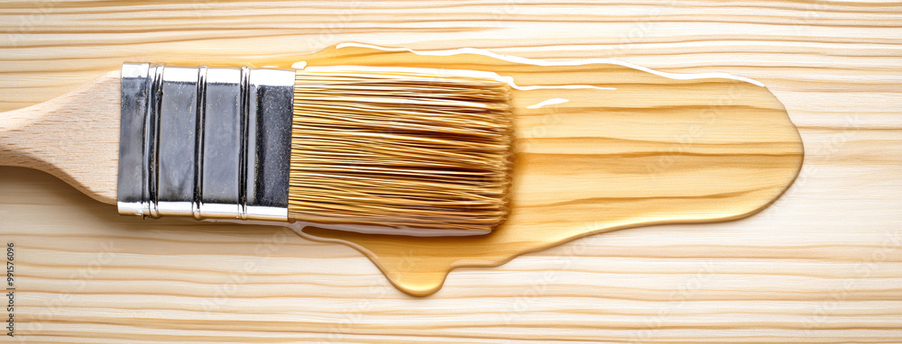 Poster applying varnish to an old wooden table with a brush, showcasing clear resin dripping and a smooth f