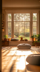 Fototapeta premium A tranquil sunlit room with plants and soft cushions, reflecting a calm atmosphere in a cozy home setting