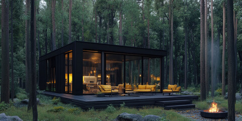 Obraz premium A modern cabin in the woods, with black wood and glass walls, a wooden terrace with a seating area, yellow chairs, a fireplace, and a cozy interior