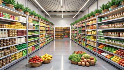 Fototapeta premium A supermarket filled with neatly organized goods on shelves , grocery, shopping, retail, store, products, inventory