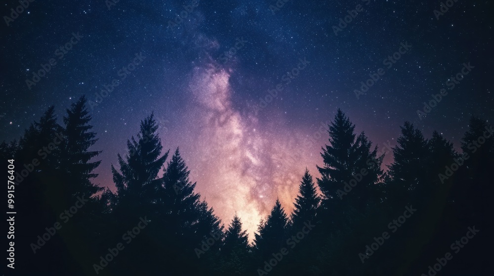 Wall mural bright milky way galaxy core glowing in the sky above a dense forest, with tall trees silhouetted ag