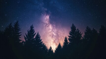 Fototapeta premium Bright Milky Way galaxy core glowing in the sky above a dense forest, with tall trees silhouetted against the stars