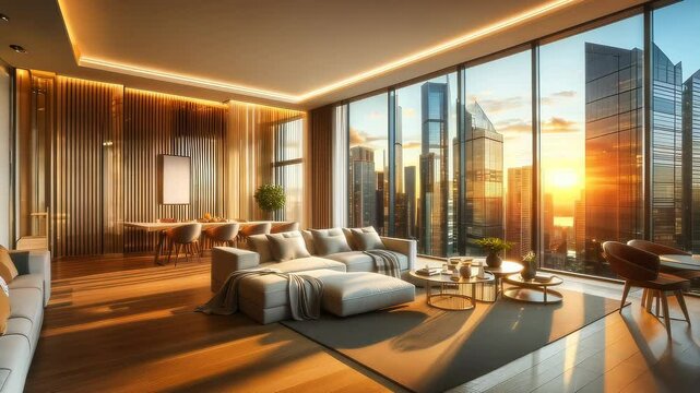 Modern apartment real estate living room, view of bustling city at sunset