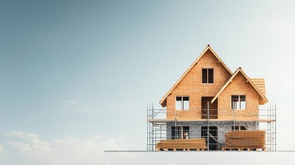 House with bare interior walls and roof tiles stacked on scaffolding, House Under Construction, Roof tiling
