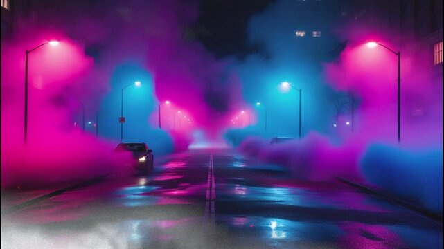 Cinematic, urban night scene featuring a street enveloped in vibrant, colorful fog, ai generated video