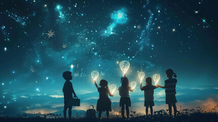 A group of children using a giant chalkboard in the sky to communicate their business ideas, with each word lighting up like stars as they write