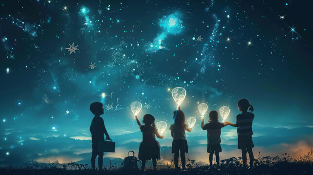 A group of children using a giant chalkboard in the sky to communicate their business ideas, with each word lighting up like stars as they write - Powered by Adobe