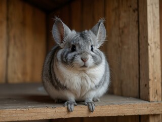 Chinchilla in a wooden house, a fluffy pet.