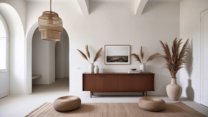 minimalist mediterranean interior with neutral color palette, spacious room with arched doorways and high ceiling, wooden sideboard 