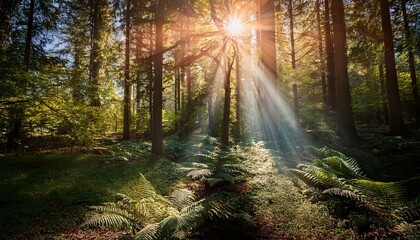 Obraz premium Brilliant rays of sunshine filter through thick foliage, producing a magical interplay of illumination and darkness, enhanced by a lens flare and a vibrant, surreal forest atmosphere