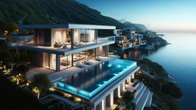 Real estate Modern villa exterior with a sleek infinity pool overlooking a cliff side ocean view drone shot