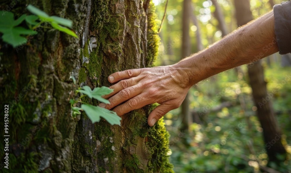 Poster a hand gently touches the textured bark of a tree illuminated by soft sunlight in a serene forest se