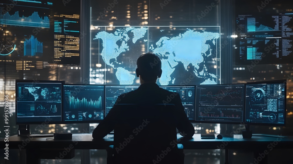 Poster a hacker in a dark room with multiple monitors displaying global data