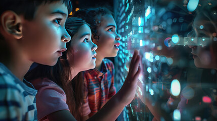 Obraz premium A group of kids using a magical mirror to communicate, where their words appear as glowing text in the reflection, connecting them across distances