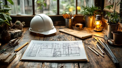 Fototapeta premium A creative architectural workspace with a sketchpad open to preliminary drafts, pencils lying nearby, and a white hard hat placed at the corner, symbolizing the concept phase of a new project.