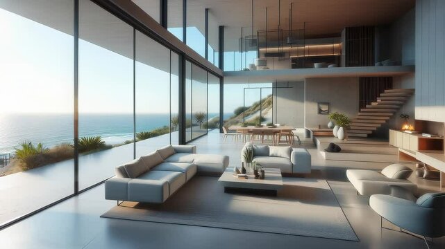 Modern real estate interior, open living room with minimalist furniture, fireplace, expansive ocean views