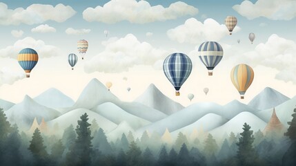 Hot air Balloons and mountains wallpaper mural, kids room illustration, foggy forest, vector, retro airship, boys room decor, planes, balloons, clouds, child room