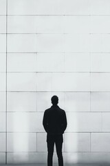 A dramatic image of a person silhouetted against a tiled, textured white wall, evoking feelings of introspection and solitude.
