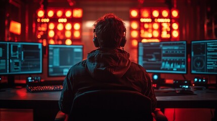 Hacker in a Dark Room with Red Lights