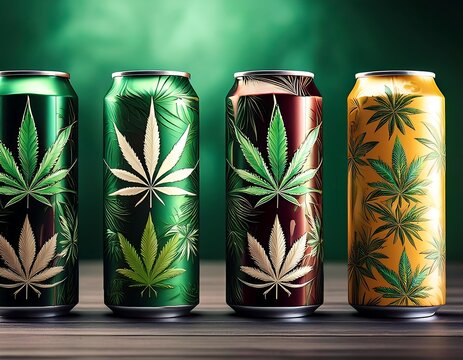 Collection of beverage cans with a cannabis theme.