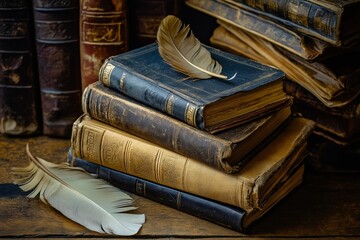 A pile of old, hardbound books with two feathers lying on wood, highlighting historical literary artifacts.