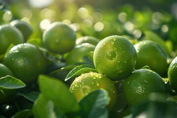 Obraz premium Limes in the Orchard: Sun-drenched limes glisten with morning dew, nestled amongst vibrant green leaves in a picturesque orchard. A refreshing image perfect for healthy living, summer drinks.