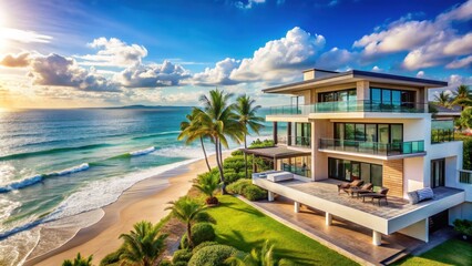 Fototapeta premium Luxurious beachfront house and resort with stunning sea views render, luxury, beach, resort, house, villa, sea view, ocean