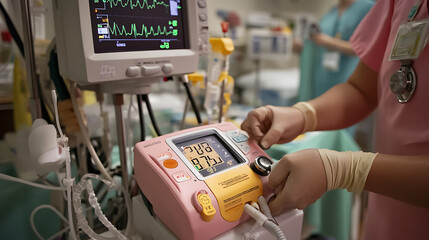 A close-up of a blood pressure monitor being used in a hospital setting, showing the integration of technology in routine health assessments.