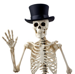 A skeleton wearing a top hat and a bow tie is waving. The skeleton is posed in a way that makes it look like it is a person, transparent background, Ai generative